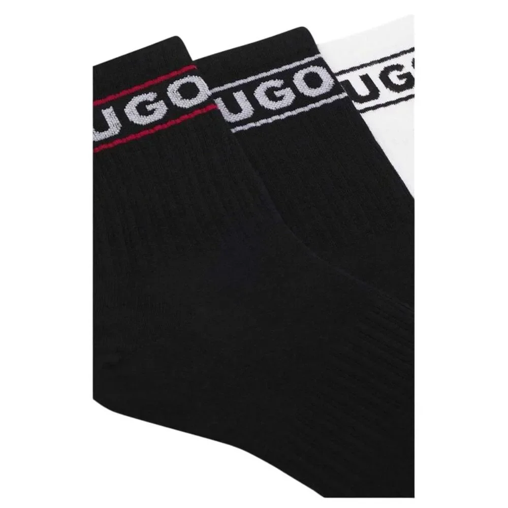 Hugo Mens Qsrib Sporty Lettering Crew Socks (Pack of 3) / White/Black